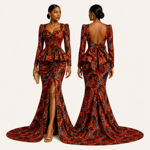 Red Ankara Skirt Set with Open Back Bow