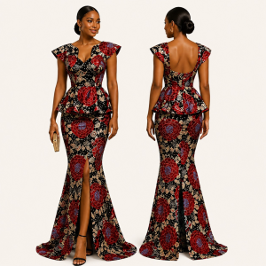 Black Ankara Rose Peplum Mermaid Skirt Set