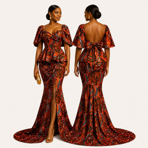 Sunset Drape Short-Sleeves Skirt Set with Bow Back Blouse
