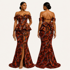 Red Ankara Off-Shoulder Skirt Set