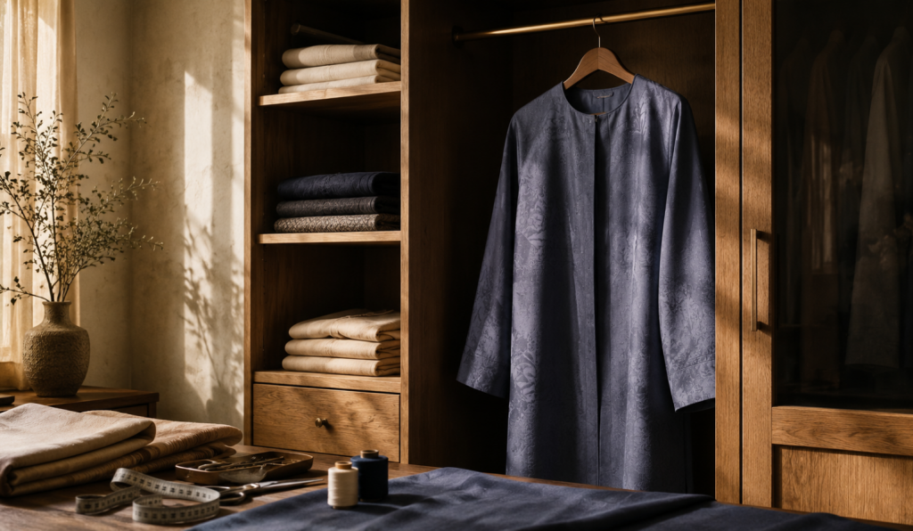 Luxury African garment hanging carefully inside a contemporary wardrobe