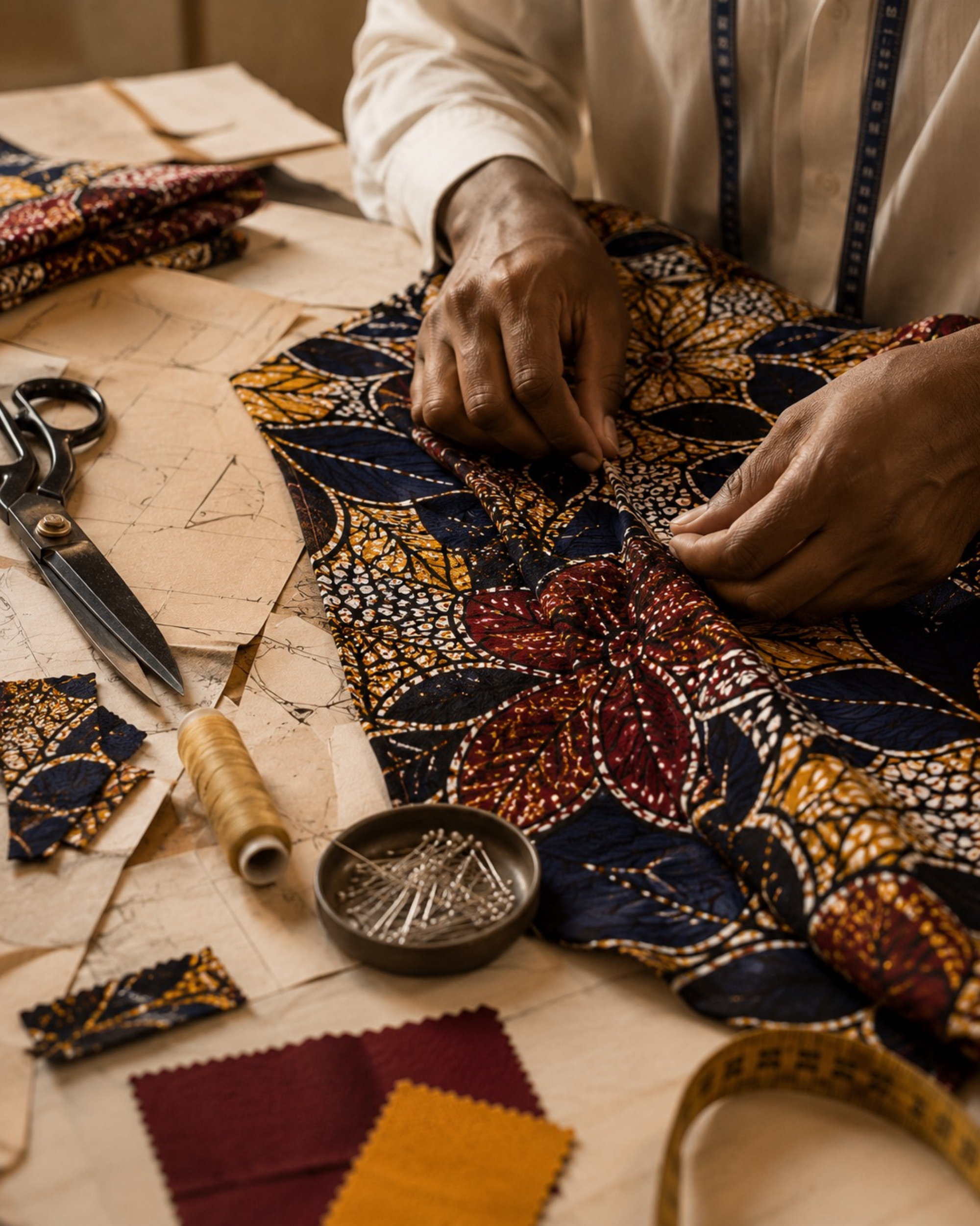 Hands working premium Ankara fabric with tailoring tools and fine stitching
