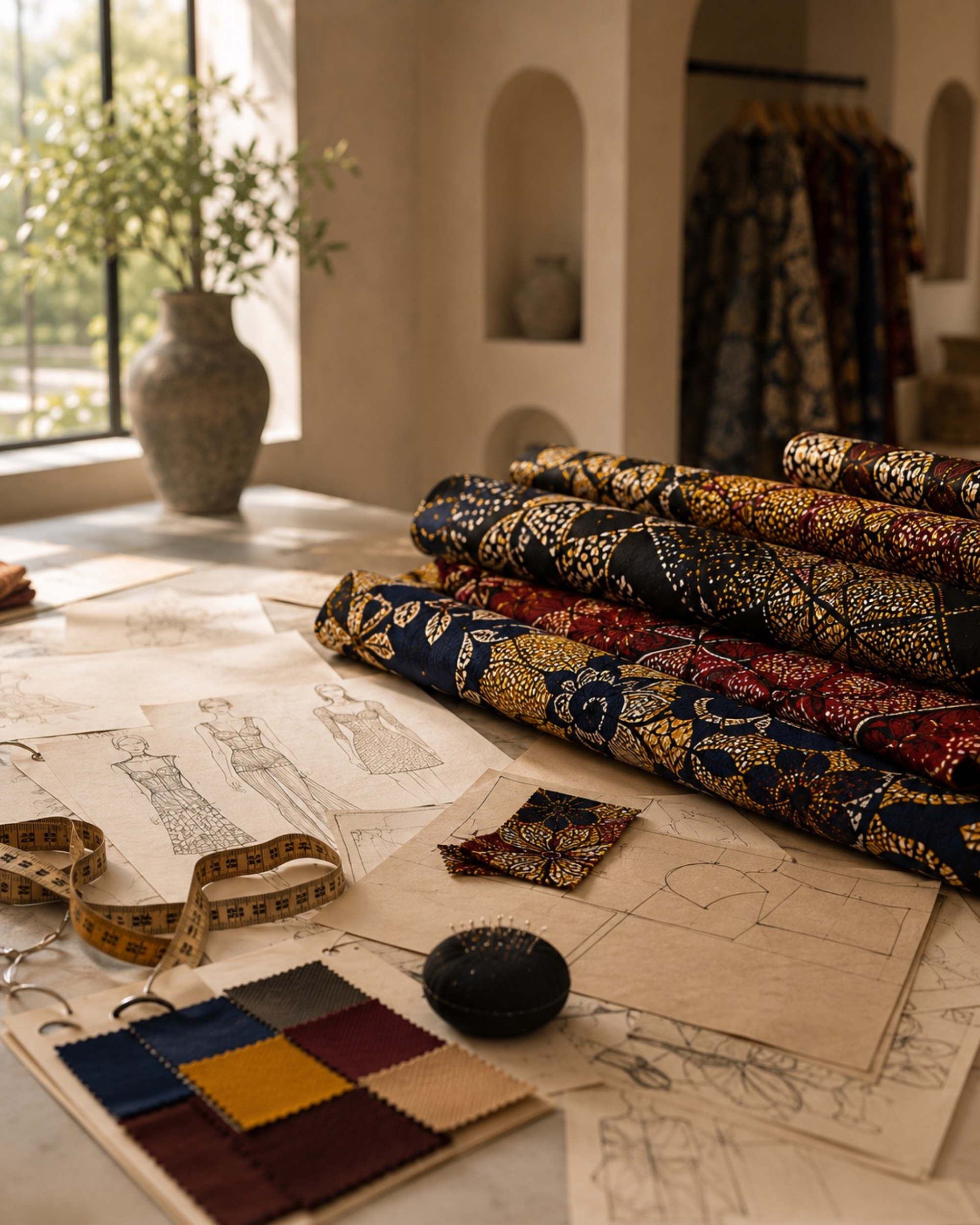 Premium fabrics, sketches, and measuring tools on an atelier worktable