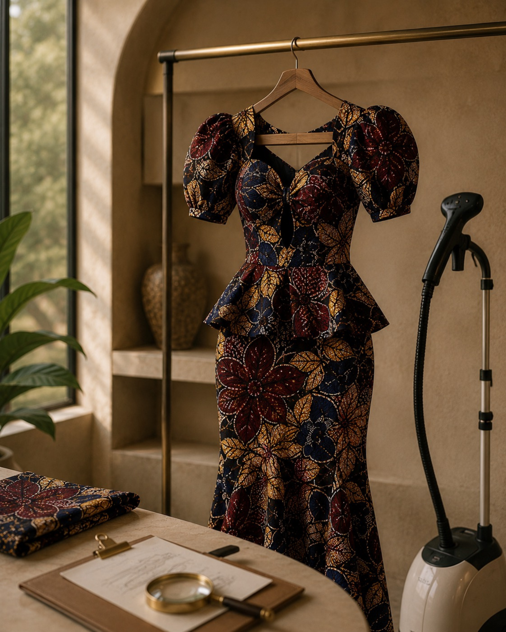 Finished garment hanging in a refined atelier, prepared for delivery
