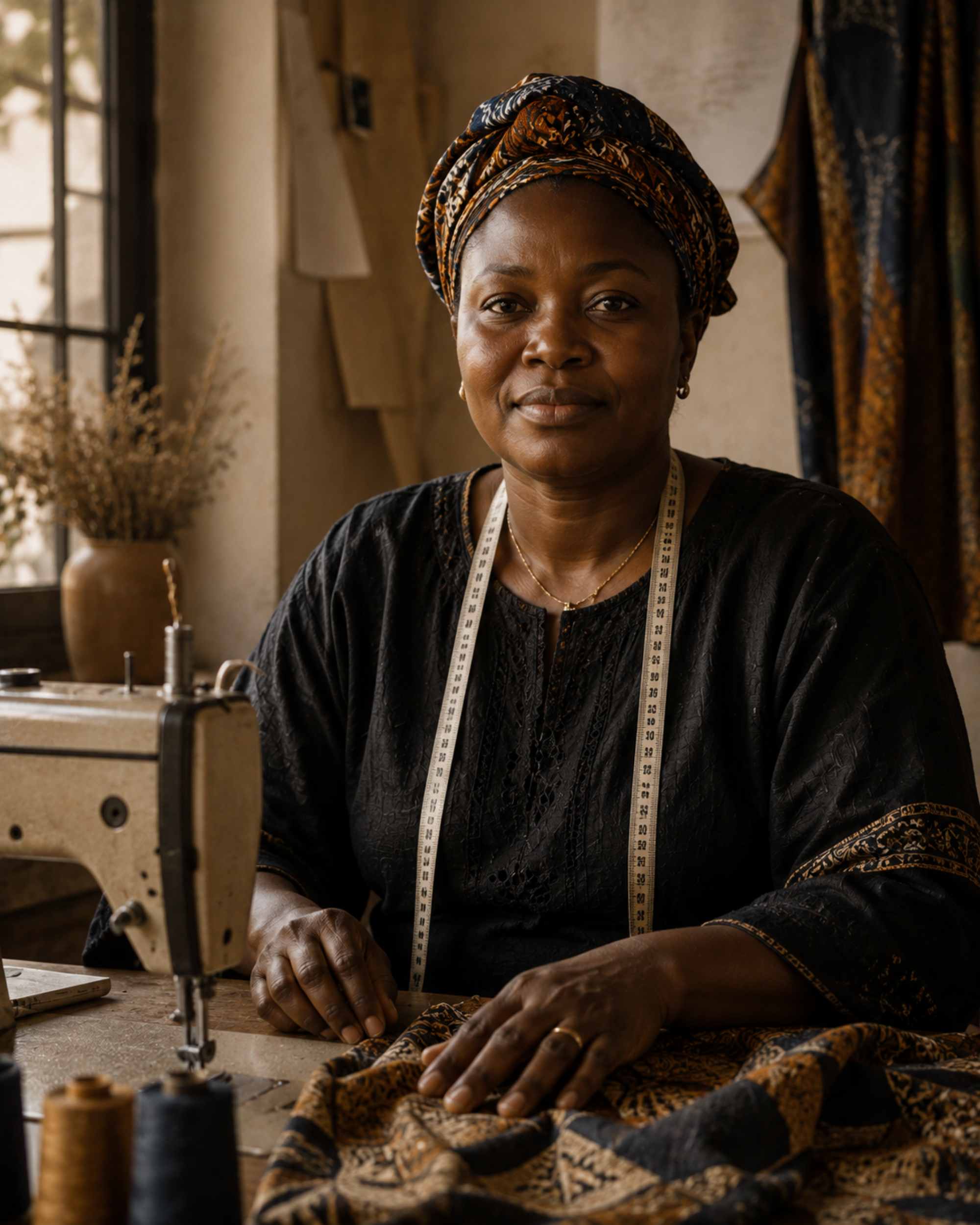 The founder of Sohnas standing beside a worktable of premium fabrics and tailoring tools in a sunlit atelier.