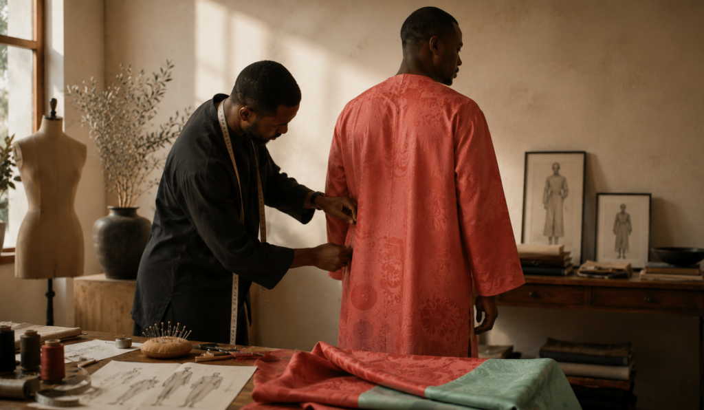 Tailor fitting a made-to-order luxury African garment inside the Sohnas atelier