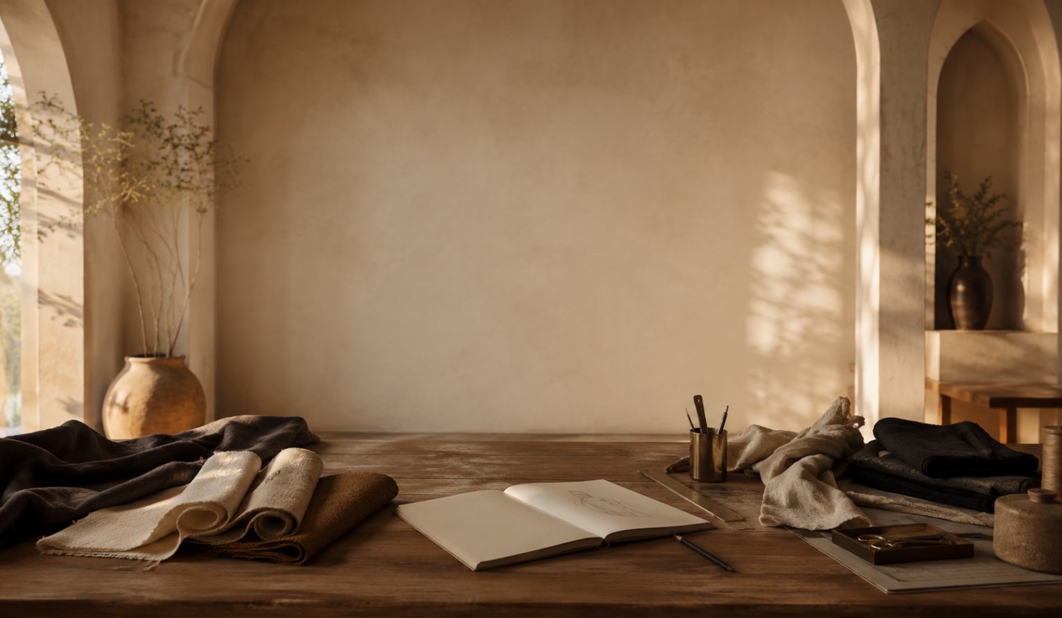 Sohnas — a quiet atelier table at golden hour, as though another story is about to begin