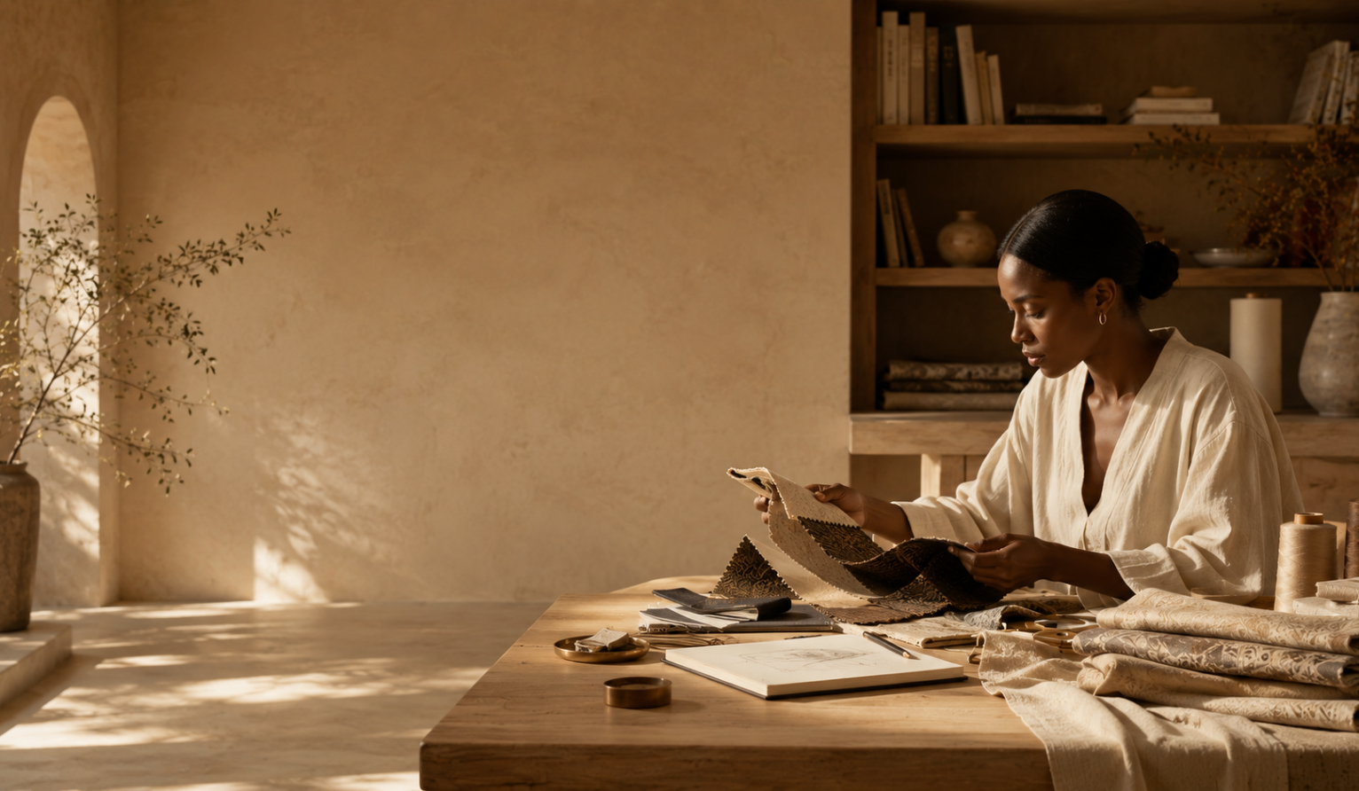 The House Journal — a quiet atelier library with fabric swatches and sketches in morning light