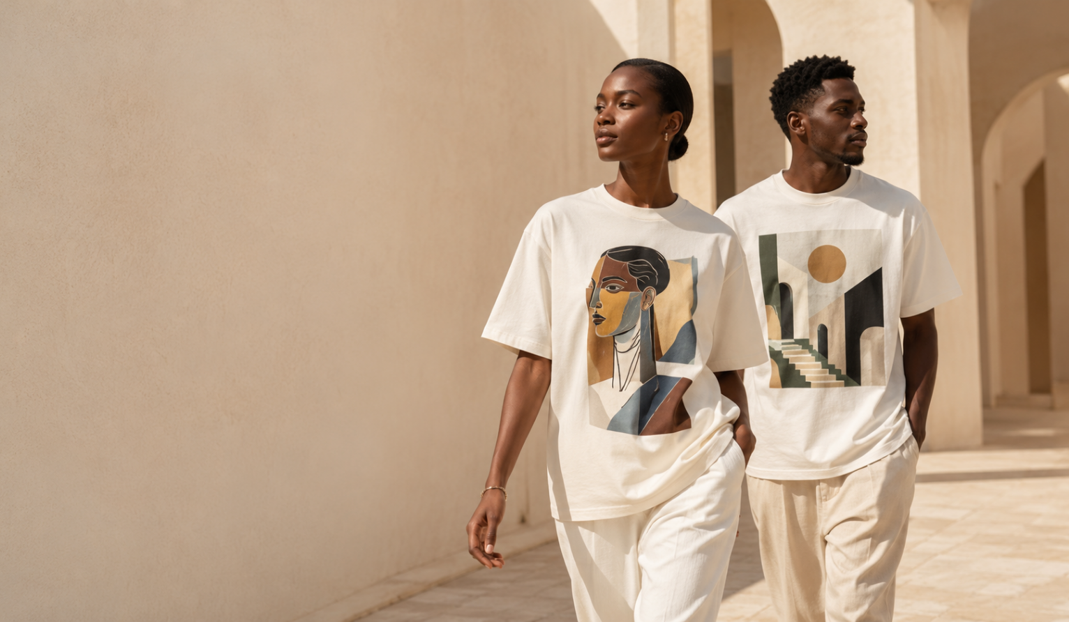 Sohnas T-Shirts — a woman and man wearing premium graphic tees in a contemporary African setting