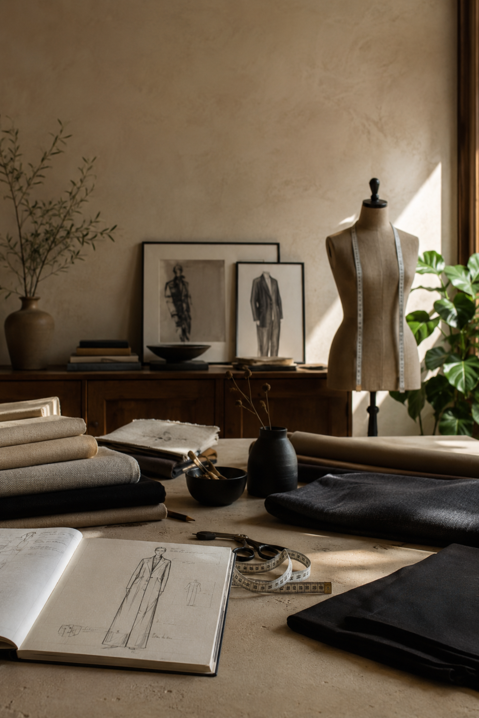 Quiet African fashion atelier with folded fabrics, sketches, and tailoring tools in warm natural light