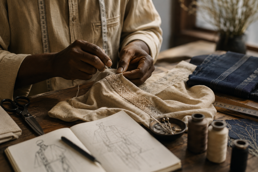 Hands carefully tailoring a premium African garment inside the Sohnas atelier